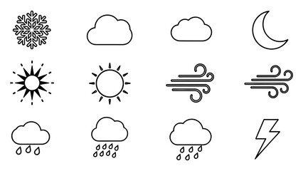 Obraz premium Set of weather icons including sun, rain, snowflake, wind, moon, lightning, and cloud in outline black vector illustration.