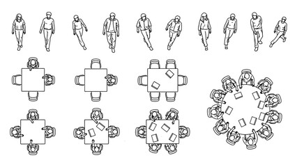 Overhead line drawing people figures sitting around tables in a top aerial view illustration vector design element. © Hafiz