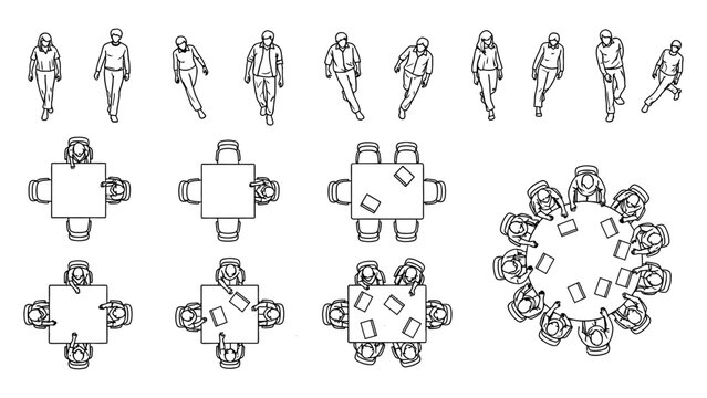 Overhead line drawing people figures sitting around tables in a top aerial view illustration vector design element.