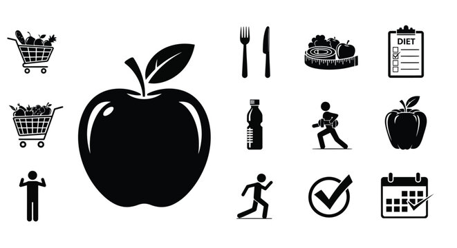 Black and white icons representing healthy eating fitness and grocery shopping