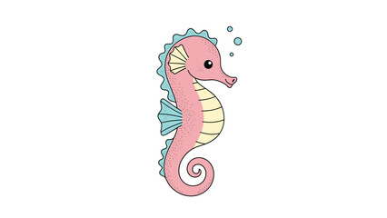 Obraz premium Cute pink seahorse with light blue fins and yellow belly segments, creating a charming underwater character.