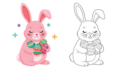 Fototapeta premium Comparison of a colored pink bunny holding Easter eggs and its black and white line drawing for coloring fun.
