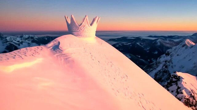 Snow-covered mountain peak at sunset with a crown sculpture, serene landscape in background