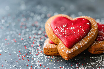Obraz premium Heart-shaped gingerbread cookies decorated with red icing on a gray background, perfect for Valentine’s Day celebrations.