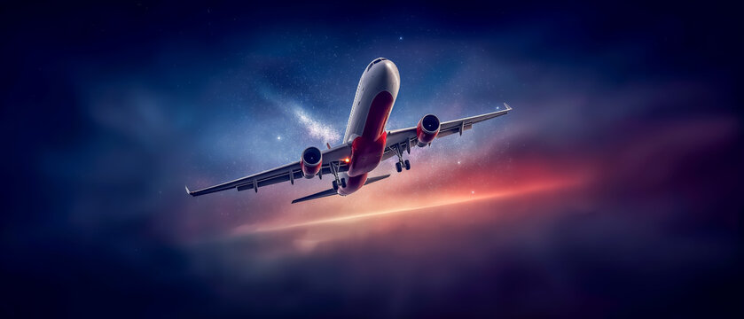 星空と天の川を背に離陸する旅客機　壮大な航空イメージ