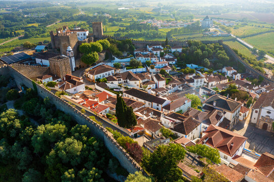 Aerial view of Obidos with historic walls and castle, Leiria district, Portugal