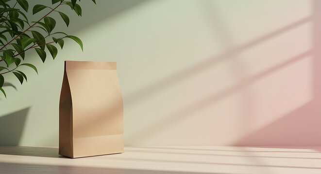 Brown paper bag on table with green plant and window shadows