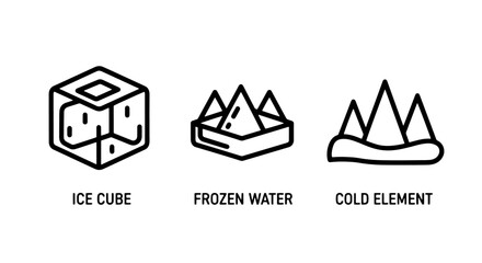 Minimalist line art vector icons representing ice cubes, frozen water formations, and cold elements, ideal for themes of refreshment, winter, or scientific concepts.
