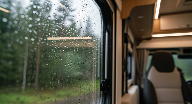 Rain on window of camper van with green forest outside  