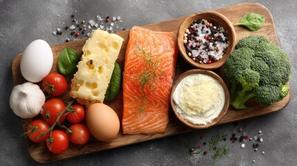 Assortment of fresh food ingredients arranged on wooden cutting board