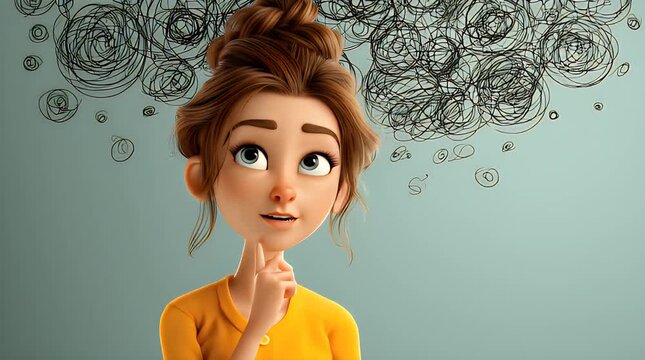 A 3D cartoon woman with her finger on her chin and thought bubbles