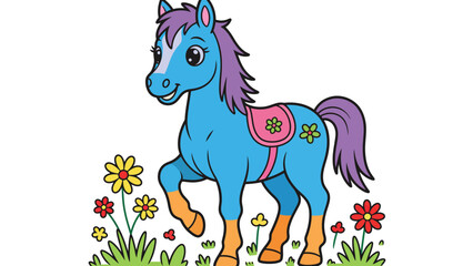 A cartoon blue horse with purple mane and flowers in a field