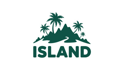 A green island logo with palm trees on a white background