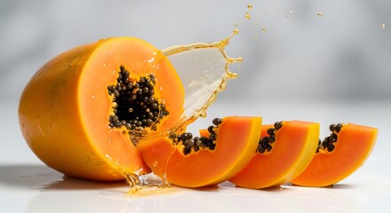 Fresh papaya slices with juice splashing on white background