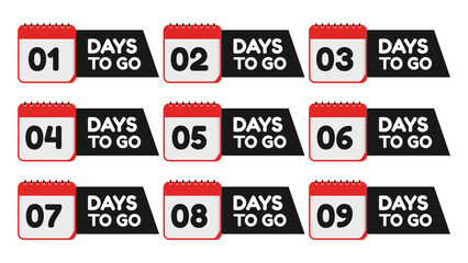 Countdown calendar icons showing 1 to 9 days remaining, ideal for sales, events, and project deadline announcements.