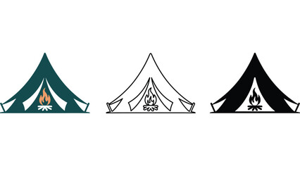 Three different colored tent logos with a campfire inside