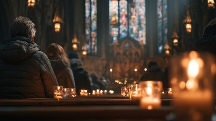 Obraz premium People gather in a church for a service focused on Jesus during evening hours with candles lit and stained glass windows visible