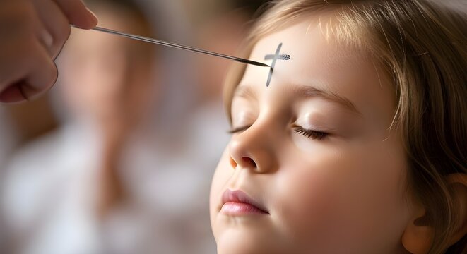 Little girl receiving the sign of the cross in ashes on her forehead during Ash Wednesday.