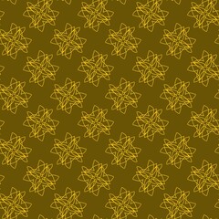 C9.1 Seamless Pasta Floral Pattern. A seamless pattern featuring intricate geometric floral designs in yellow on a brown background. The repetitive nature creates a sense of symmetry.