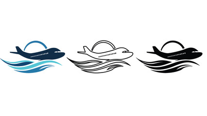 Three airplane logos flying over wavy lines in different colors and styles