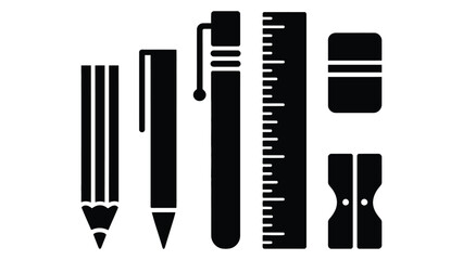 A collection of black and white school stationery icons on a plain background
