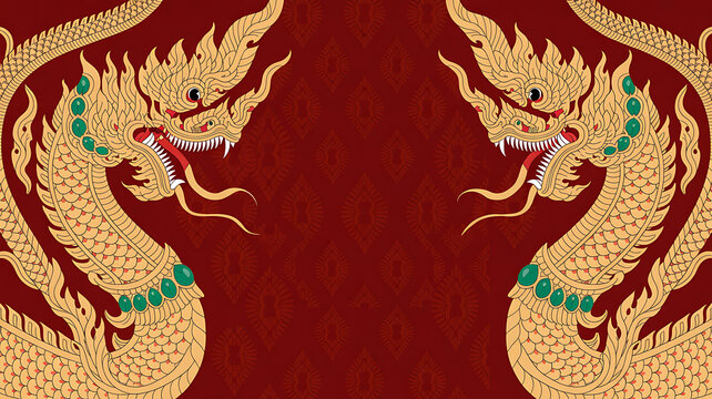 Traditional Thai Naga Serpent Dragons Border on Red Textured Background