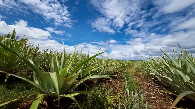 Rows of pineapple plants under a cloudy blue sky field