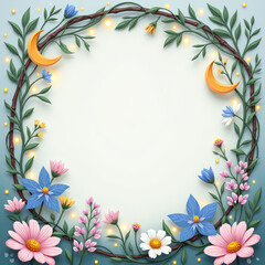 Naklejka premium Floral design with leaves and moons in a circular frame capturing bright colors and nature elements during springtime