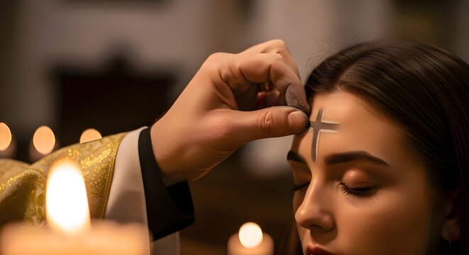Priest marking a young woman's forehead with a cross of ashes in a church.