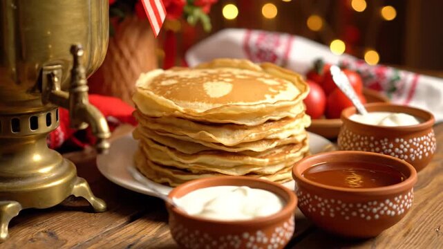 Traditional pancakes with sour cream and honey on rustic festive table