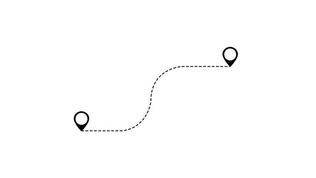 Animated black the plane flies along a trajectory. Concept of airplane travel. Airplane flies from one place to another. Looped video. Vector illustration isolated on a white background.