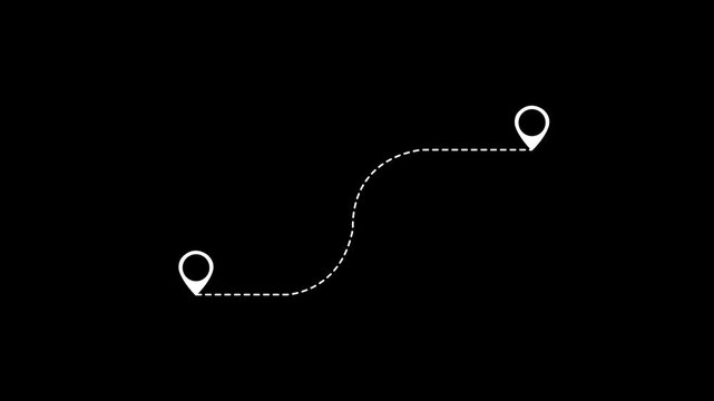 Animated white the plane flies along a trajectory. Concept of airplane travel. Airplane flies from one place to another. Looped video. Vector illustration isolated on a black background.