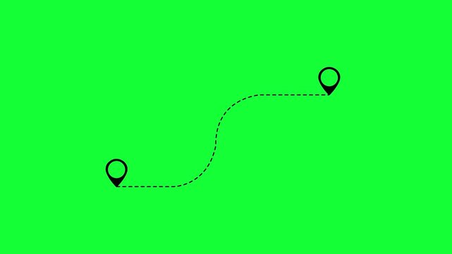 Animated black the plane flies along a trajectory. Concept of airplane travel. Airplane flies from one place to another. Looped video. Vector illustration isolated on a green background.