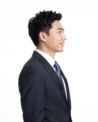 Profile Portrait of a Confident Young Businessman in Formal Suit Against White Background