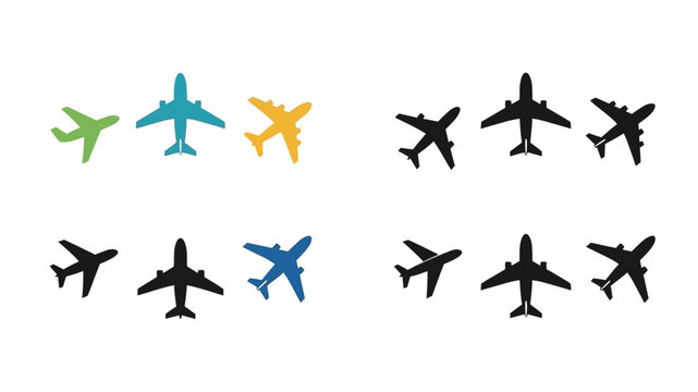 Colorful airplane silhouettes arranged in a grid pattern on a white background