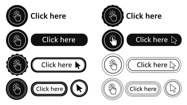 Collection of black and white click here buttons with hand icons