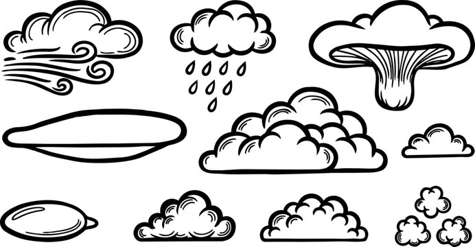 Hand drawn black outline weather icons set with clouds rain wind fog and mushroom cloud illustration collection