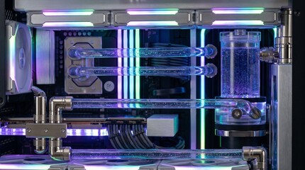 Fototapeta premium High-End Custom PC Water Cooling System with RGB Lighting and Liquid Reservoirs
