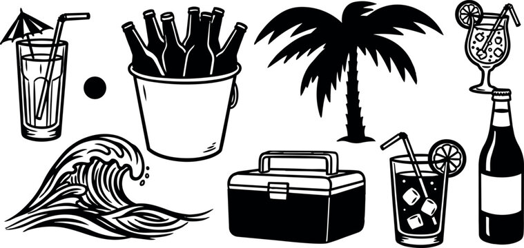 Black and white line art tropical palm tree beach icons with waves drinks fries and cooler set illustration