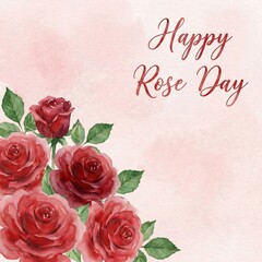 Happy rose day with watercolor red roses and green leaves
