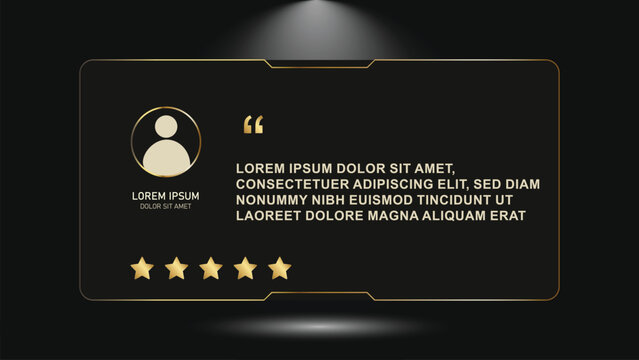Premium Luxury Testimonial Card Template with Gold Accents, Matte Black Background, Circular Profile Frame, and 5-Star Review Design for Modern UI and Social Media Marketing
