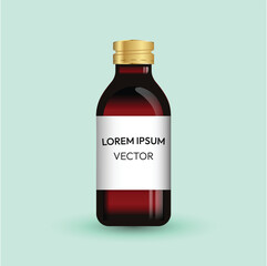 Minimalist Amber Glass Medicinal Bottle Mockup with Gold Screw Cap, Clean White Label, and 3D Front-Facing Vector Design for Pharmaceutical and Wellness Branding