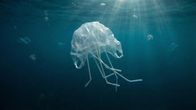 Jellyfish made of plastic bag and straws floating underwater