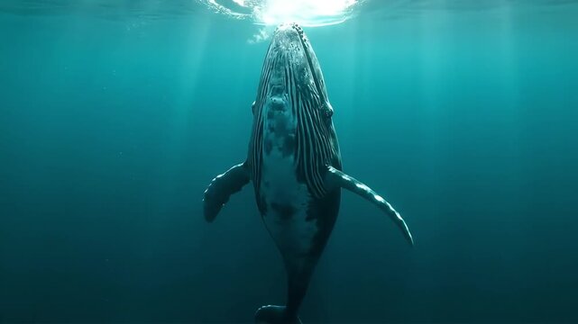 Majestic Humpback Whale Swimming Gracefully in Deep Blue Ocean Water - Underwater Portrait of a Gentle Giant Marine Mammal