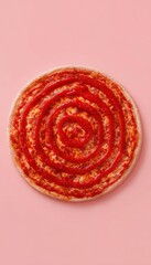Fototapeta premium Top-Down View of Pizza Base with Spiral Sauce on Pastel Background