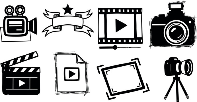 Hand drawn ink icon set close up film camera clapperboard and media symbols on white background with rough brush texture grunge