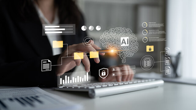 A business professional engages with a digital interface featuring AI concepts and data security visuals, showcasing innovation and technology in a modern work environment. Gantry