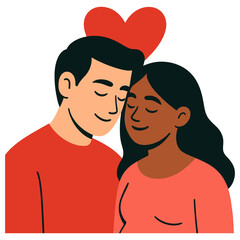 Fototapeta premium Interracial couple embracing love with heart symbol in background.