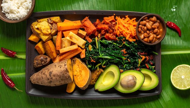 Vibrant Ital vegan Rastafarian platter on banana leaf