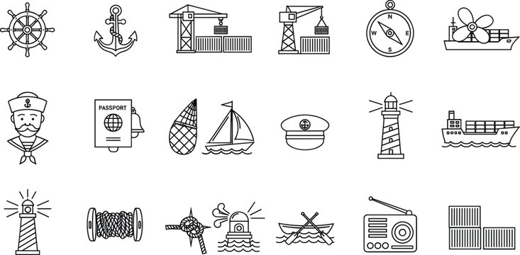 Maritime and shipping line icons set with navigation port cargo sea transport vector illustration